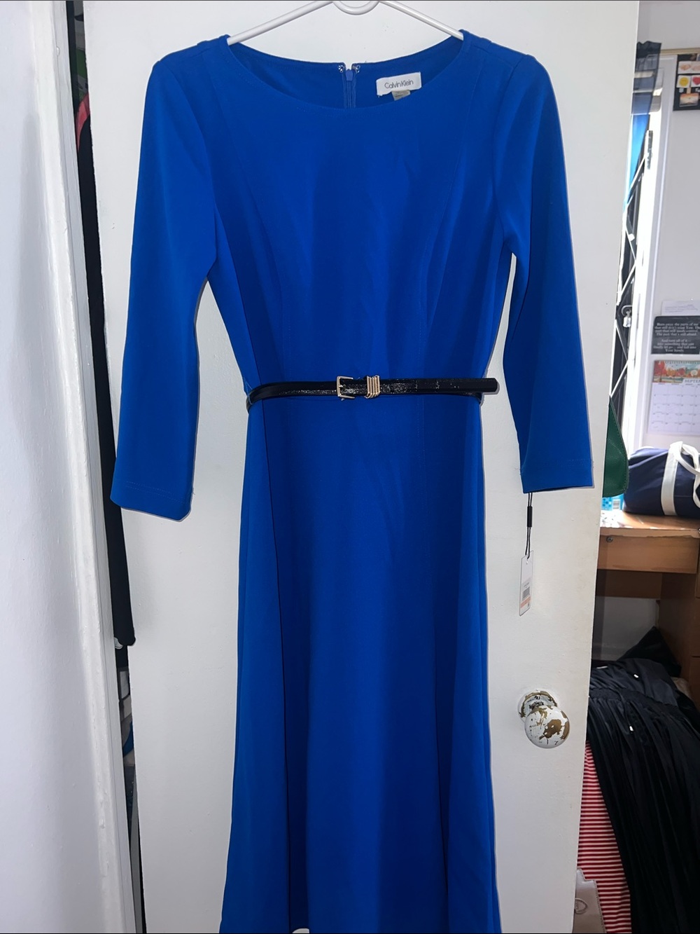 Calvin Klein Cobalt Blue Long-Sleeve Belted Sheath Dress